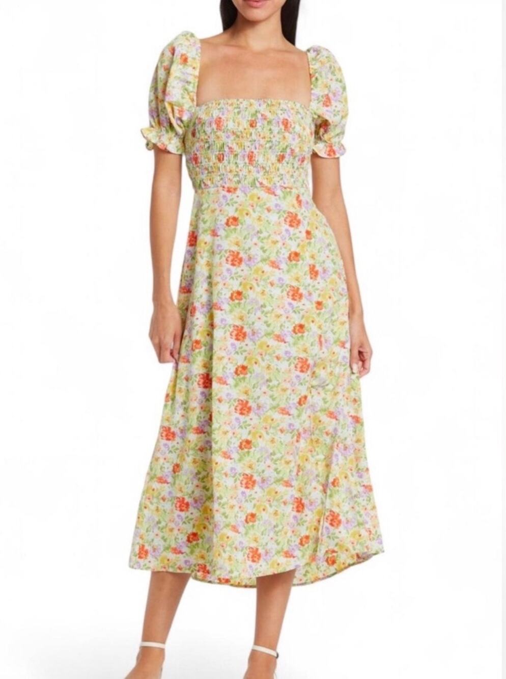 ASTR The Label Floral Midi Dress S Smocked Puff Sleeve Square Neck Cottagecore